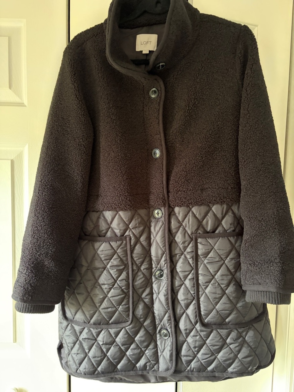 LOFT Black Quilted & Sherpa Mixed-Media Coat